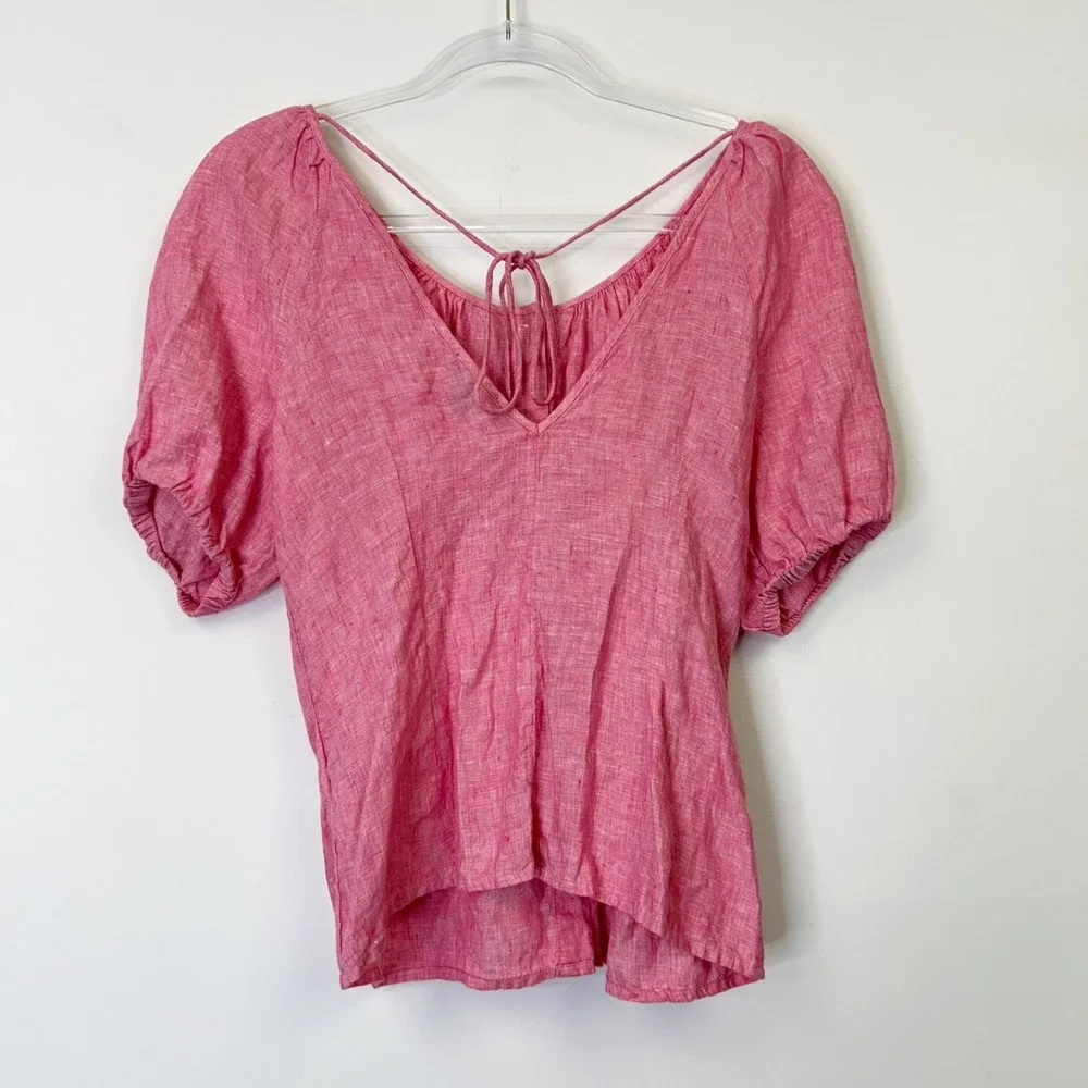 J. Crew Pink Linen Puff Sleeve Top Women's 4 Tie Back Beach Resort
